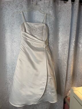 Ivory Satin Spaghetti-Strap A-Line Dress with Embroidered Bodice